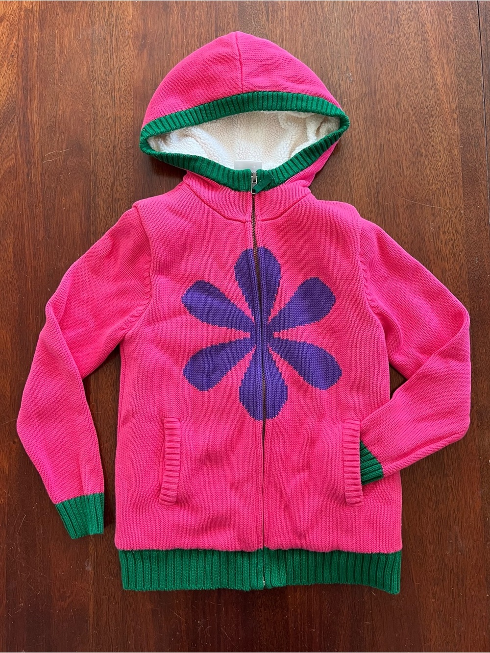 Hanna Andersson Hot Pink Zip Hoodie with Purple Flower and Green Trim